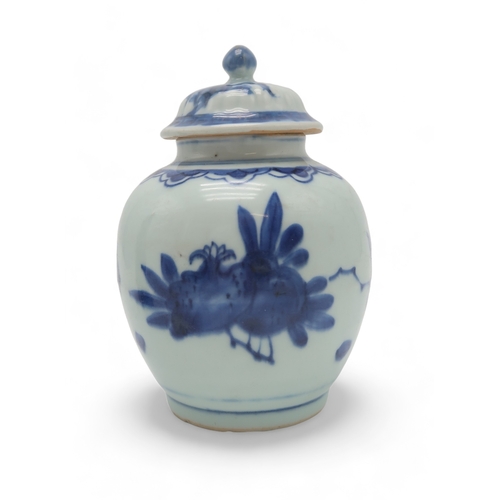 2401 - A CHINESE BLUE AND WHITE JAR AND COVERpainted with fruit, foliage and rockwork, 16.5cm high, blue an... 