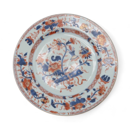 2411 - THREE CHINESE IMARI PLATES painted with precious objects, basket of flowers and floral lappets, 25, ... 