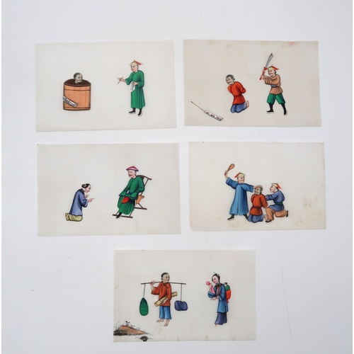 2414 - SEVEN CHINESE EXPORT PITH AND WATERCOLOUR PAINTINGS comprising; three festival panels, 34 x 22cm, la... 