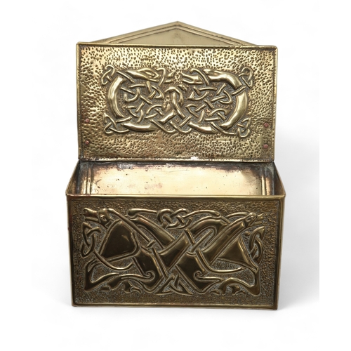 2246 - IAN McCORMICK, IONA A hanging brass letter rack with Celtic animalia knotwork 25cm high x 16cm wide ... 