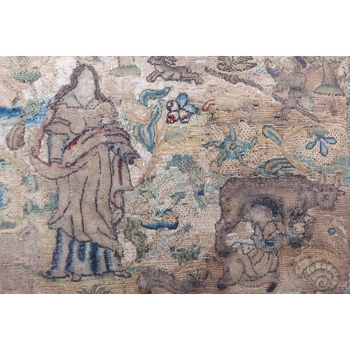 2663 - A 17th/18th CENTURY NEEDLEWORK PANELDepicting a robed figure within an abundant landscape, with a fl... 