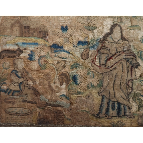 2663 - A 17th/18th CENTURY NEEDLEWORK PANELDepicting a robed figure within an abundant landscape, with a fl... 