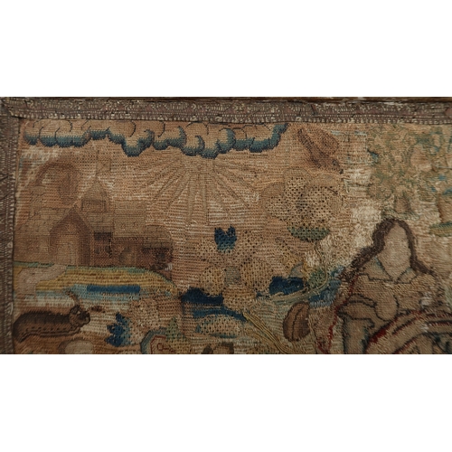 2663 - A 17th/18th CENTURY NEEDLEWORK PANELDepicting a robed figure within an abundant landscape, with a fl... 