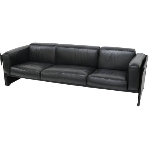 2084 - A 20TH CENTURY CASSINA THREE SEATER SETTEEwith black leather upholstered cushions on leather upholst... 