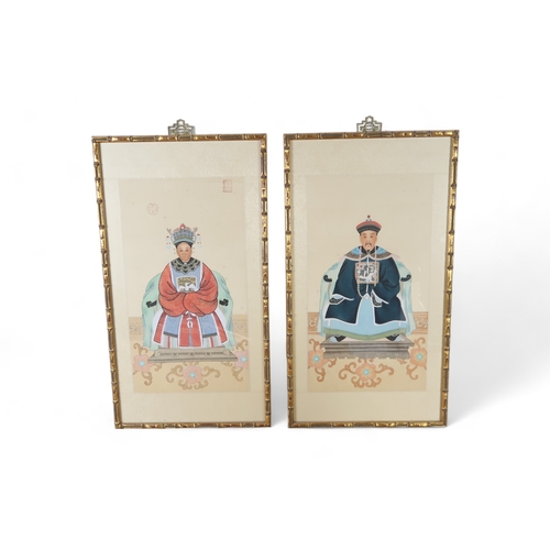 2415 - A PAIR OF CHINESE ANCESTRAL PORTRAIT PRINTS depicting a mandarin and wife, watercolour on silk 60 x ... 