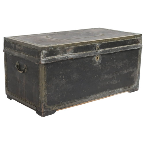 2026 - A LATE 18TH/EARLY 19TH CENTURY CAMPHORWOOD BRASS BOUND AND STUDDED CHEST with hide bo... 