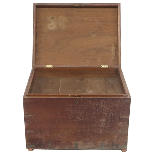 2027 - A 19TH CENTURY MILITARY CAMPHORWOOD CAMPAIGN CHEST brass bound with brass carry handles, hinged top ... 