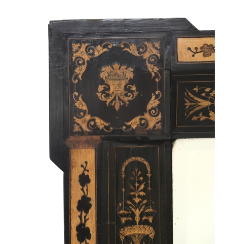 2029 - AN 19TH CENTURY EBONY AND SATINWOOD INLAID DUTCH MARQUETRY FRAMED WALL MIRROR frame inlaid with gree... 