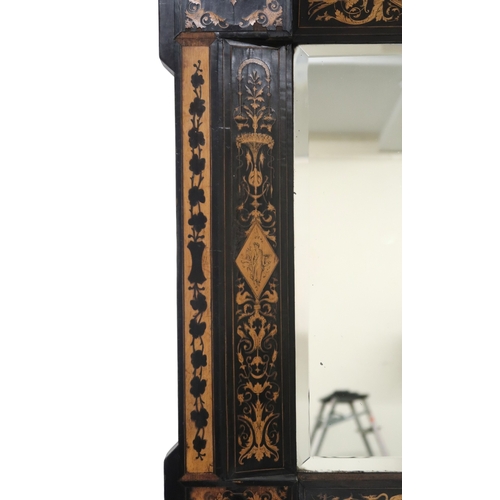 2029 - AN 19TH CENTURY EBONY AND SATINWOOD INLAID DUTCH MARQUETRY FRAMED WALL MIRROR frame inlaid with gree... 