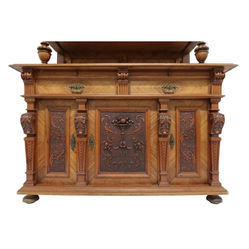 2033 - A 19TH CENTURY CONTINENTAL MAHOGANY AND WALNUT VENEERED SIDEBOARD stepped superstructure with m... 