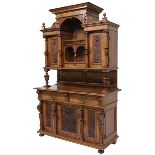 2033 - A 19TH CENTURY CONTINENTAL MAHOGANY AND WALNUT VENEERED SIDEBOARD stepped superstructure with m... 