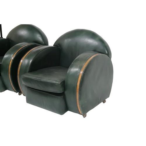 2087 - AN EARLY 20TH CENTURY ART DECO HUMPBACKED THREE PIECE SUITE each with green leather upholstery and t... 