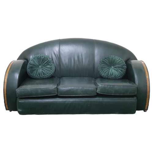 2087 - AN EARLY 20TH CENTURY ART DECO HUMPBACKED THREE PIECE SUITE each with green leather upholstery and t... 