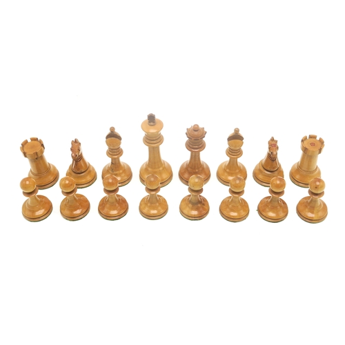 2664 - A SET OF STAUNTON CHESSMENIn boxwood and ebony, with weighted bases, the knights and castles marked ... 