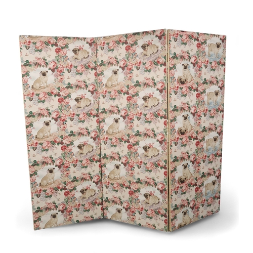 2669B - A THREE-FOLD DRESSING SCREENUpholstered in a printed linen fabric featuring diverse depictions of pu... 