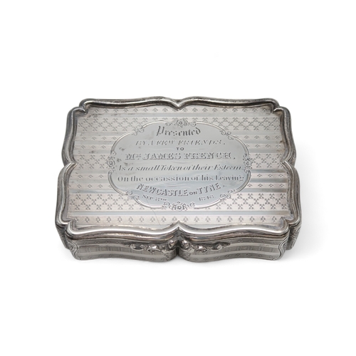 2532 - A VICTORIAN SILVER PRESENTATION SNUFF BOXby Nathaniel Mills, Birmingham 1846, of shaped rectangular&... 