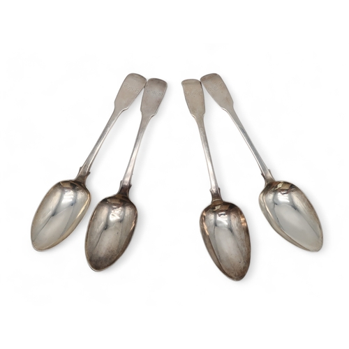 2539 - A PAIR OF GEORGE IV FIDDLE PATTERN TABLESPOONSby William Eaton, London 1823, and two by John Harris ... 