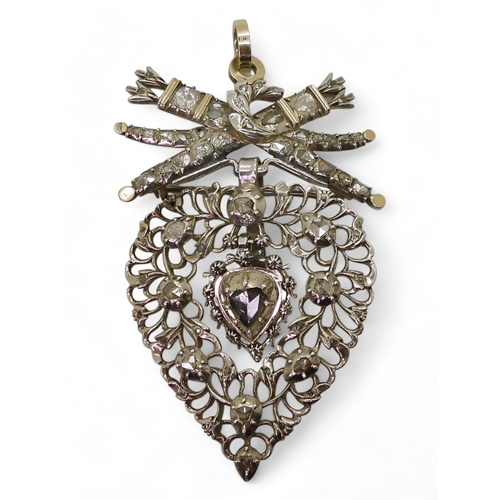 2808 - A 19TH CENTURY FLEMISH PENDANT BROOCHheart shaped, surmounted with a bow and arrows in quivers. Made... 