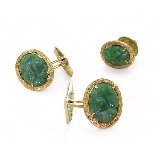 815 - Carved hardstone cufflinks & studs, the cufflinks are stamped 14k, and set with Chinese green ha... 