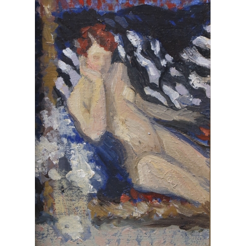 2955 - JUNE MORGAN (BRITISH 20TH C)REFLECTED NUDEOil on panel, signed inscribed and dated 1992 verso, 14 x ... 