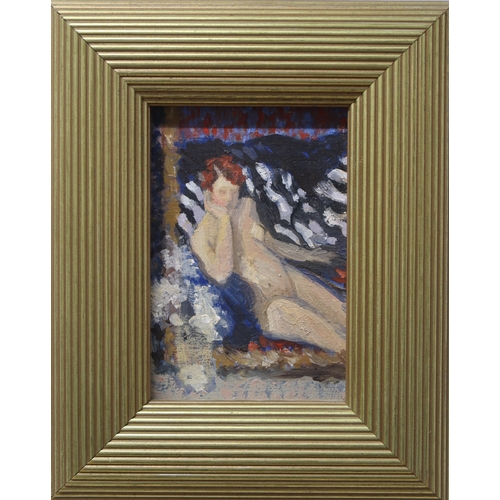 2955 - JUNE MORGAN (BRITISH 20TH C)REFLECTED NUDEOil on panel, signed inscribed and dated 1992 verso, 14 x ... 