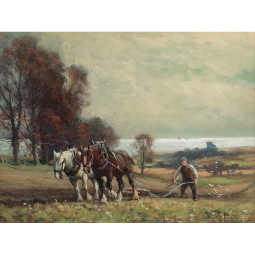 2977 - TOMSON LAING (SCOTTISH fl.1890-1904)PLOUGHINGOil on panel, signed lower right, 22 x 29.5cm (8.5 x 11... 