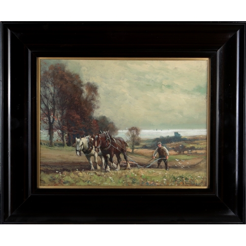 2977 - TOMSON LAING (SCOTTISH fl.1890-1904)PLOUGHINGOil on panel, signed lower right, 22 x 29.5cm (8.5 x 11... 