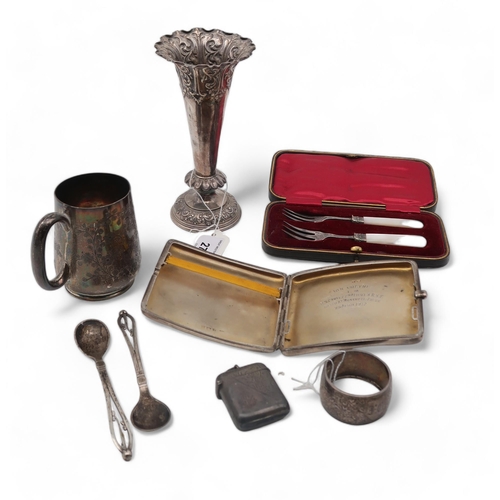 277 - A collection of silver including a pair of Georg Jensen spoons, a silver christening mug by Martin H... 