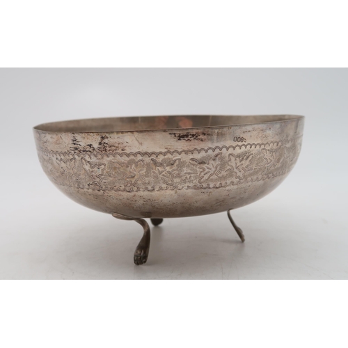 285 - A stamped S800 continental white metal bowl, with a band of floral decoration, on three upright paw ... 