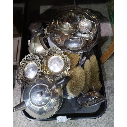 296D - A collection of EPNS including a hammered pewter tea set, sugar baskets, swing handled baskets, dres... 