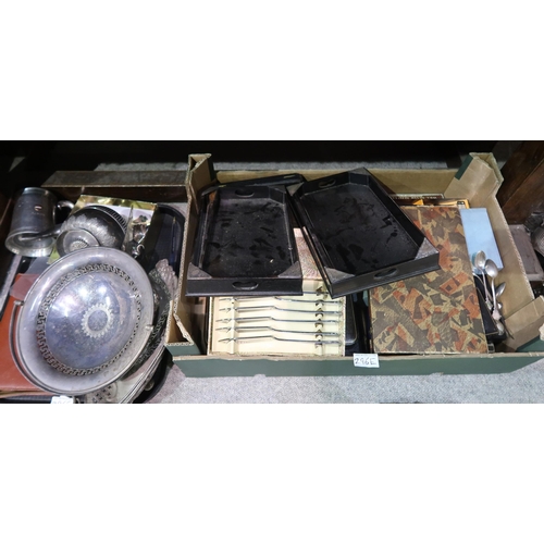 296E - A collection of EPNS including cased cutlery sets, loose cutlery, swing handled baskets, tankards, s... 