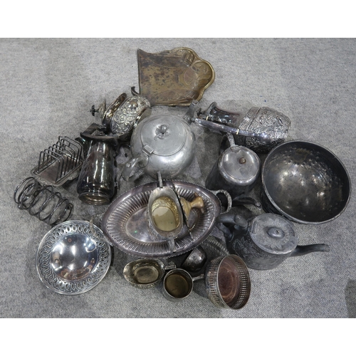 297 - A collection of EPNS and pewter including tea sets, rose bowls, baskets etc