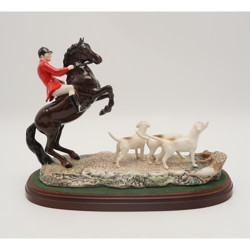 2290 - BESWICK HUNTING GROUP TALLY HO!modelled as a huntsman on rearing horse with hounds, upon wooden plin... 