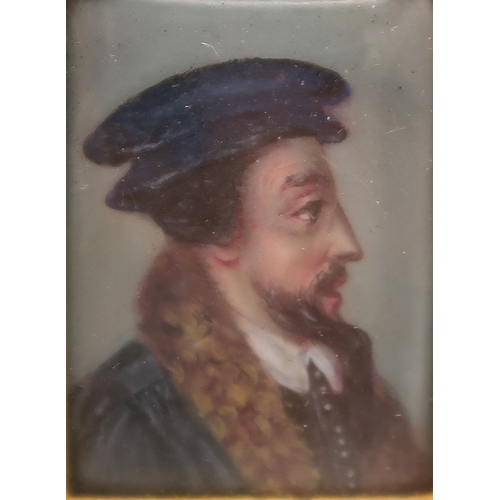 2309 - AN ENAMEL MINIATURE PORTRAIT OF A MANpossibly John Calvin, with gilt metal surround and housed withi... 