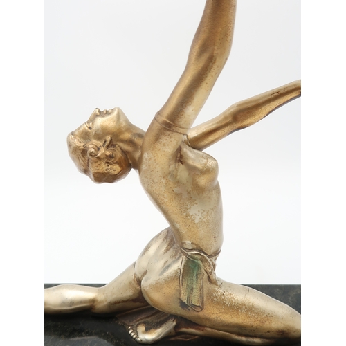 2319 - AN ART DECO GILDED METAL LADY LAMPmodelled kneeling with arms outstretched, balancing a mottled glas... 