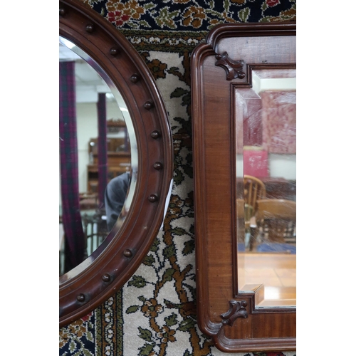 15 - A lot comprising early 20th century circular mahogany framed bevelled glass mirror, 66cm diameter an... 