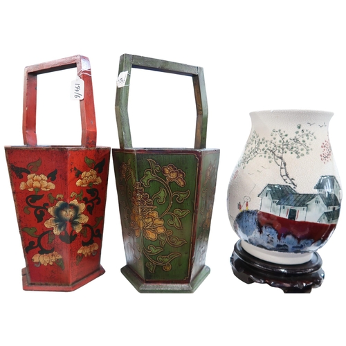 154 - Two Chinese painted wooden storage containers, a large Japanese vase, another similar, a modern Chin... 