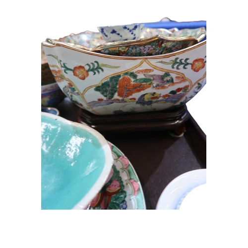 160 - A collection of mainly Chinese ceramics including a Famille rose plate, a dish, a red cameo glass sn... 