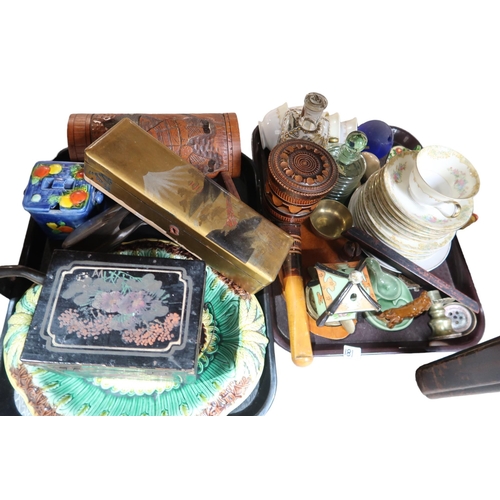 181 - A majolica bread plate, a Japanese lacquer box, bamboo brush pot and assorted ceramics etc