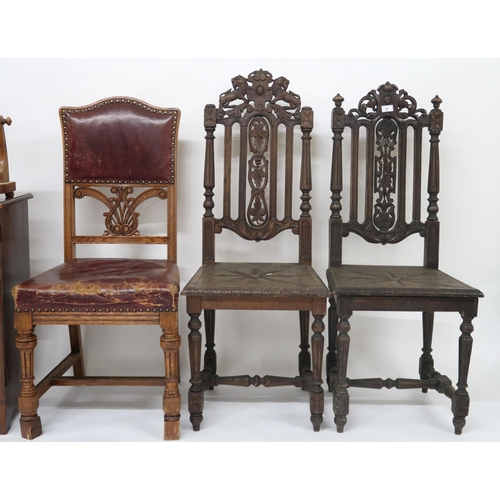 31 - A lot comprising two assorted 19th century provincial oak hall chairs with carved backrests on turne... 