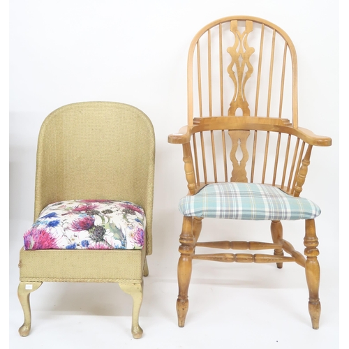 34 - A lot comprising 20th century beech Windsor style rail back armchair and a Lloyd Loom bedroom chair ... 