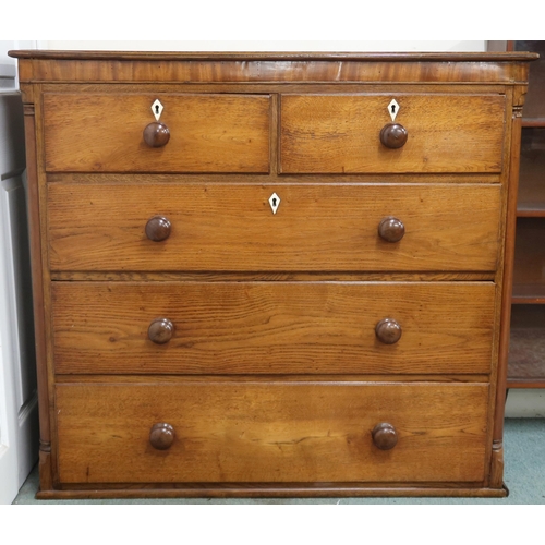 58 - A 19th century oak two over three chest on chest top with moulded cornice over drawers with turned h... 