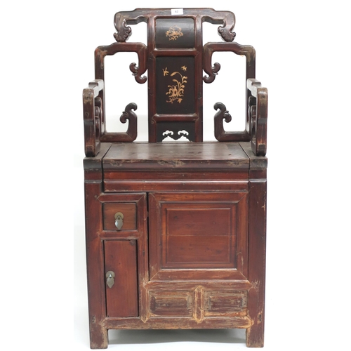 62 - A Chinese hardwood chair with pierced shaped back and arms over hinged seat alongside single drawer ... 