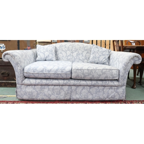 73 - A pair of contemporary light blue Damask upholstered humpback two seater settees, 80cm high x 180cm ... 