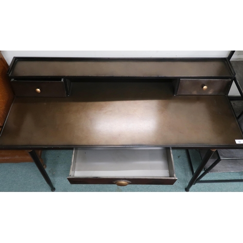 89 - A contemporary metallic writing desk with two drawer superstructure over single frieze drawer on spl... 