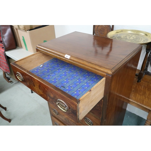 96 - A 20th century mahogany veneered six drawer tall chest on cabriole feet, 124cm high x 64cm wide x 45... 