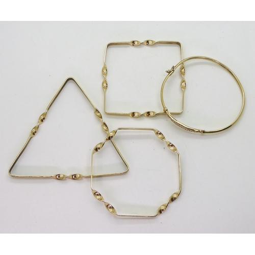 703 - Four 9ct gold bangles, three handmade in unusual shapes, triangle, square, octagon, the four is set ... 