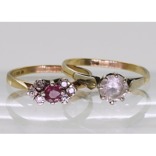 706 - A 9ct gold pink sapphire and diamond ring size N1/2, together with a clear zircon solitaire (af),siz... 