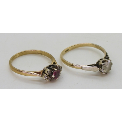 706 - A 9ct gold pink sapphire and diamond ring size N1/2, together with a clear zircon solitaire (af),siz... 