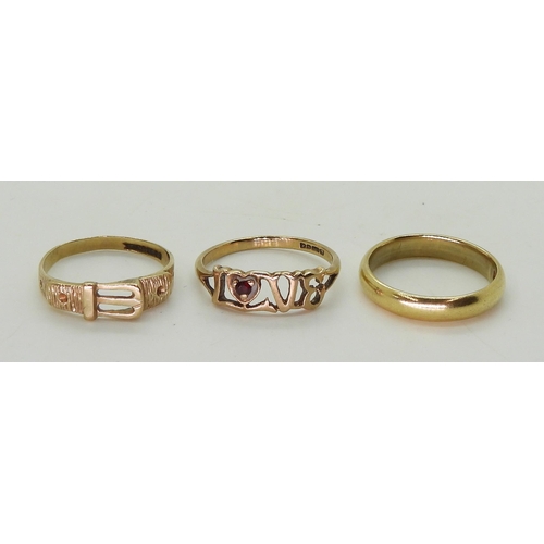 724 - An 18ct gold  wedding ring, hallmarked Glasgow 1933, weight 3.8gms, and two 9ct gold rings... 